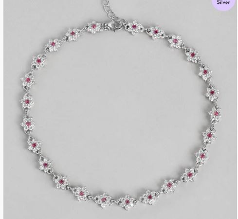 Floral Radiance Rhodium-Plated 925 Sterling Silver Anklet