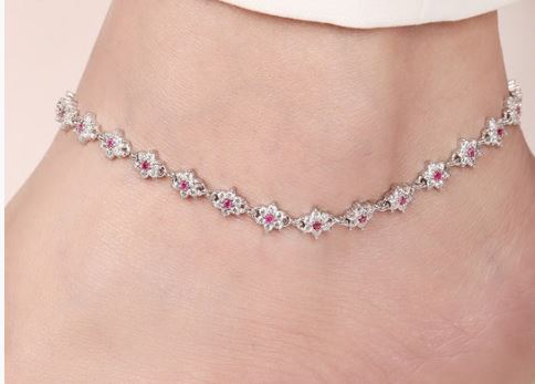Floral Radiance Rhodium-Plated 925 Sterling Silver Anklet